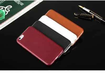 Slim leather and TPU iPhone case shown in black, brown, navy blue, and wine red colours
