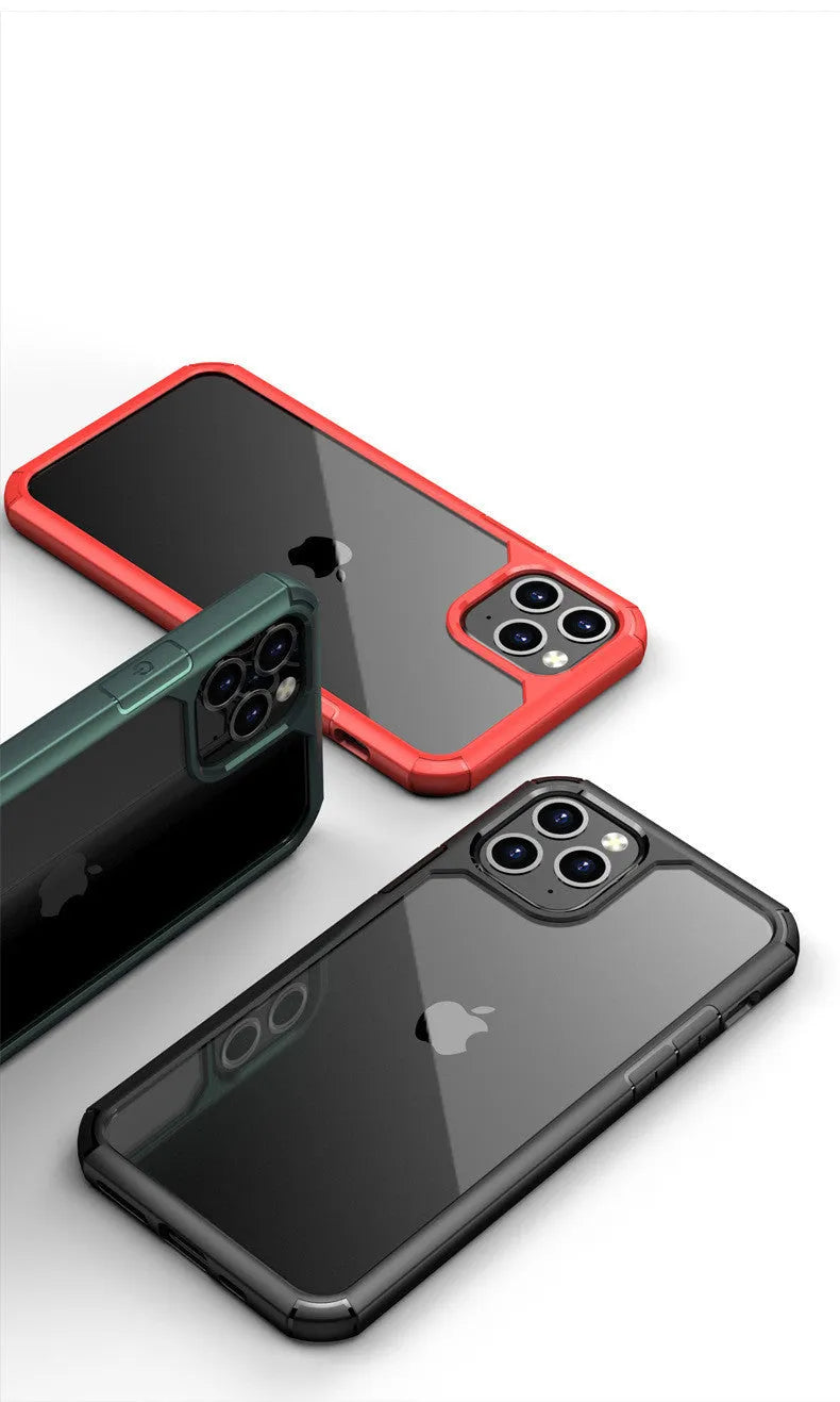 Transparent black TPU and PC anti-fall protective sleeve for iPhone and Galaxy phones.