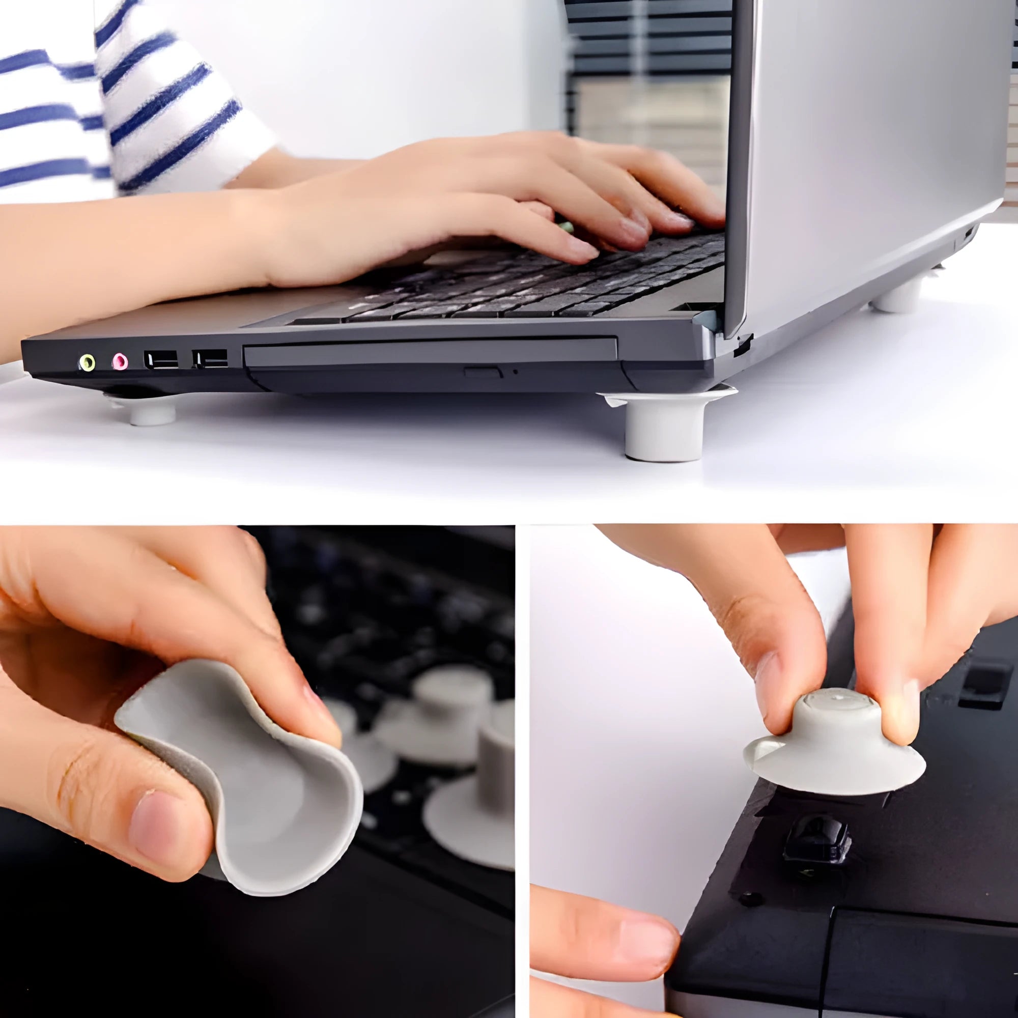 Grey plastic laptop cooling pad stand with four pieces for temperature reduction and ergonomic typing