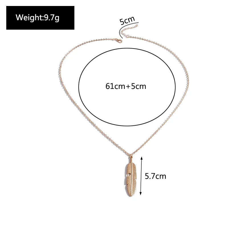 Retro feather tassel necklace for women in gold silver alloy with leaf geometry