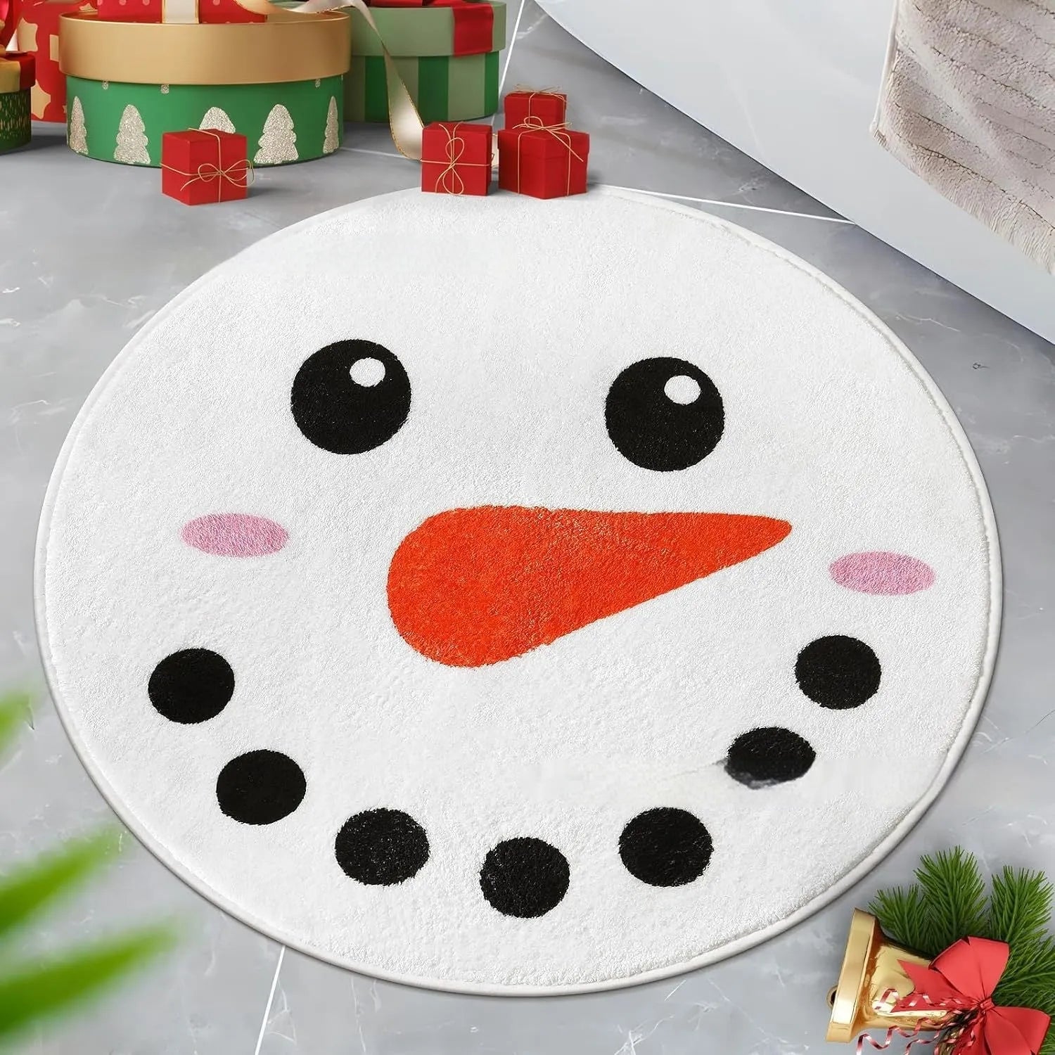Christmas round carpet with festive printed design on soft polyester fibre, square size option shown.