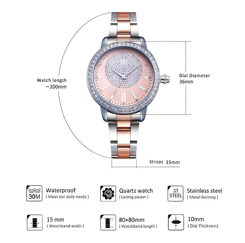 Ladies' quartz bracelet watch with 36mm round dial, stainless steel case, crystal detail, Black or Pink