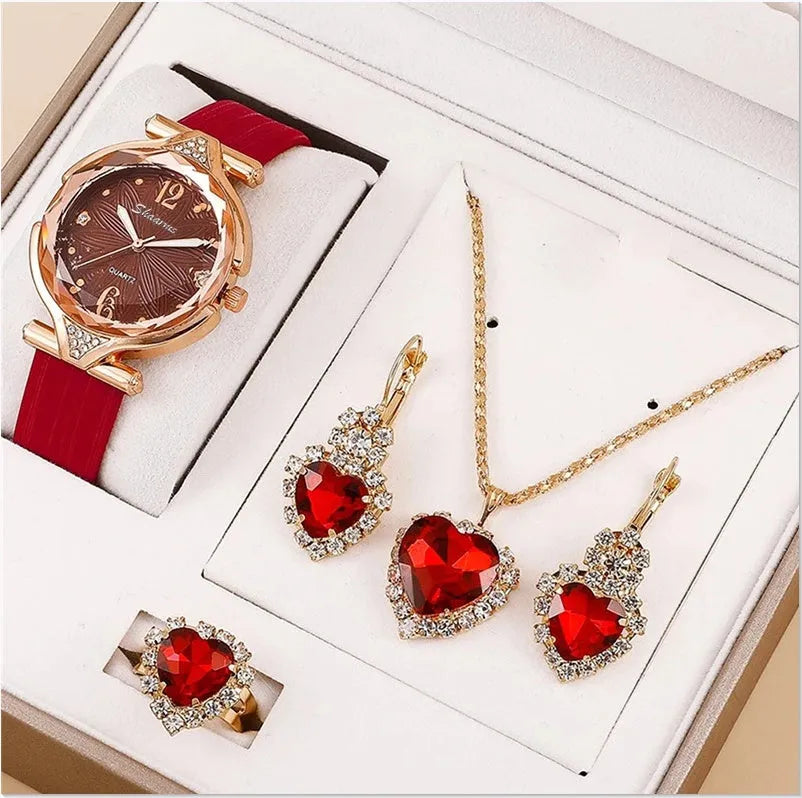 Red 6-piece ladies watch set with quartz electronic movement, plastic strap, and round 18mm dial