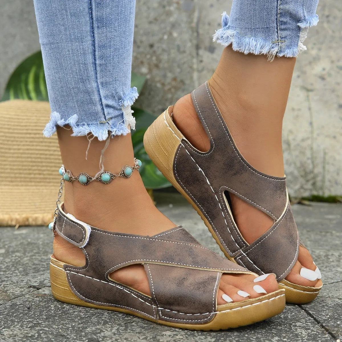 Roman style platform sandals with skirt detail and Velcro strap in khaki colour