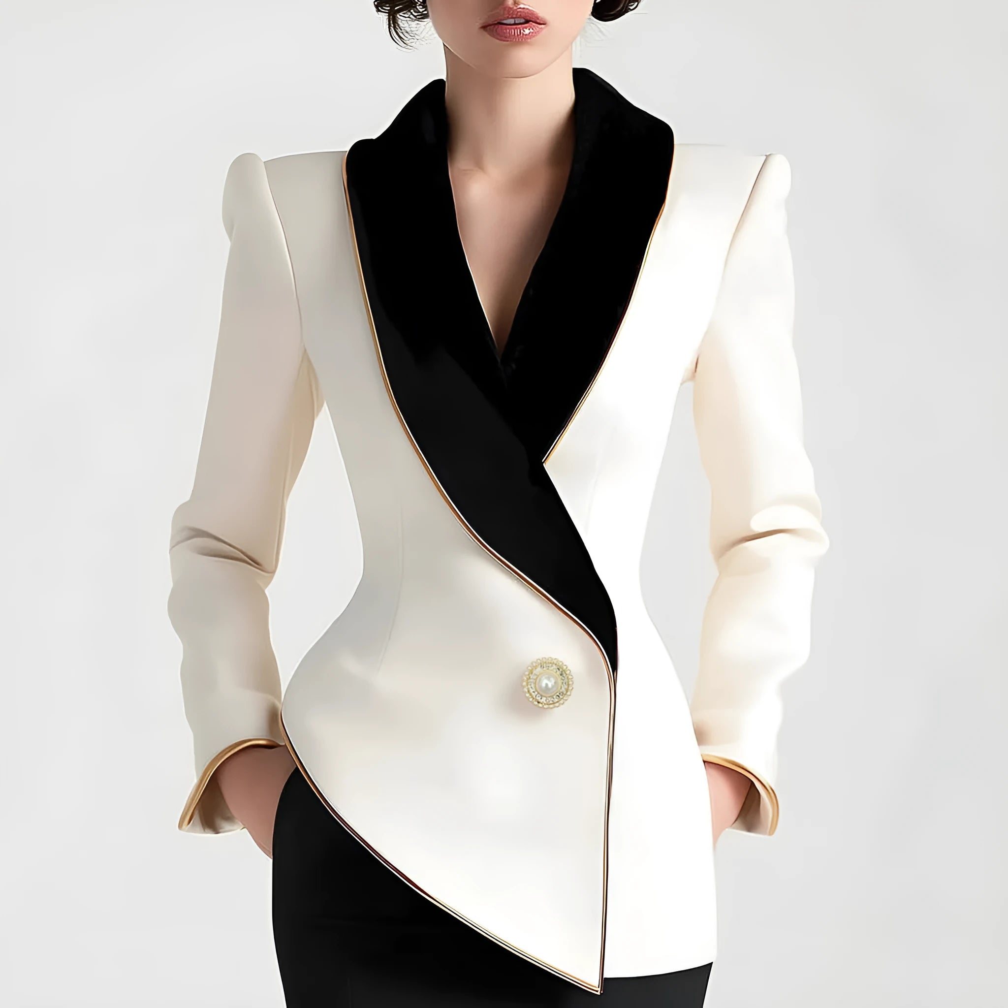 Women's milky white irregular cut long sleeve coat with golden pearl buttons on a hanger.