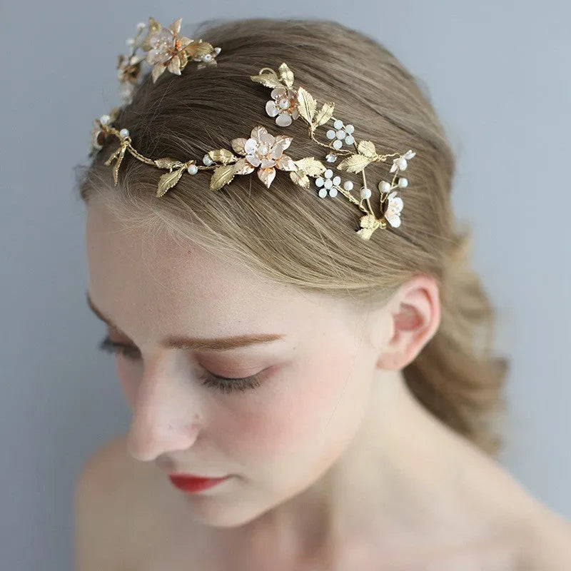 Shaped asymmetric handmade bridal crown Kc gold with imitation pearl and rhinestone details