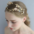 Shaped asymmetric handmade bridal crown Kc gold with imitation pearl and rhinestone details