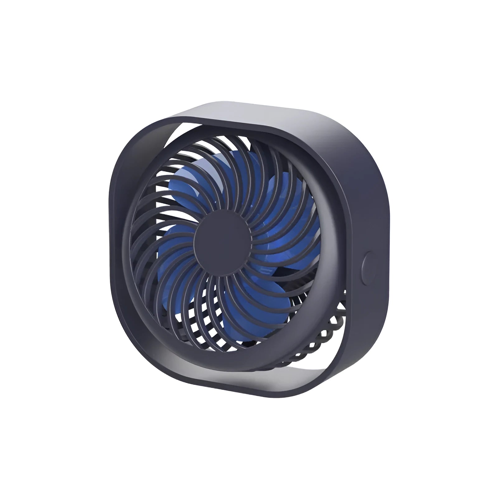 USB desk fan with alarm clock display, shown in blue with rotating head