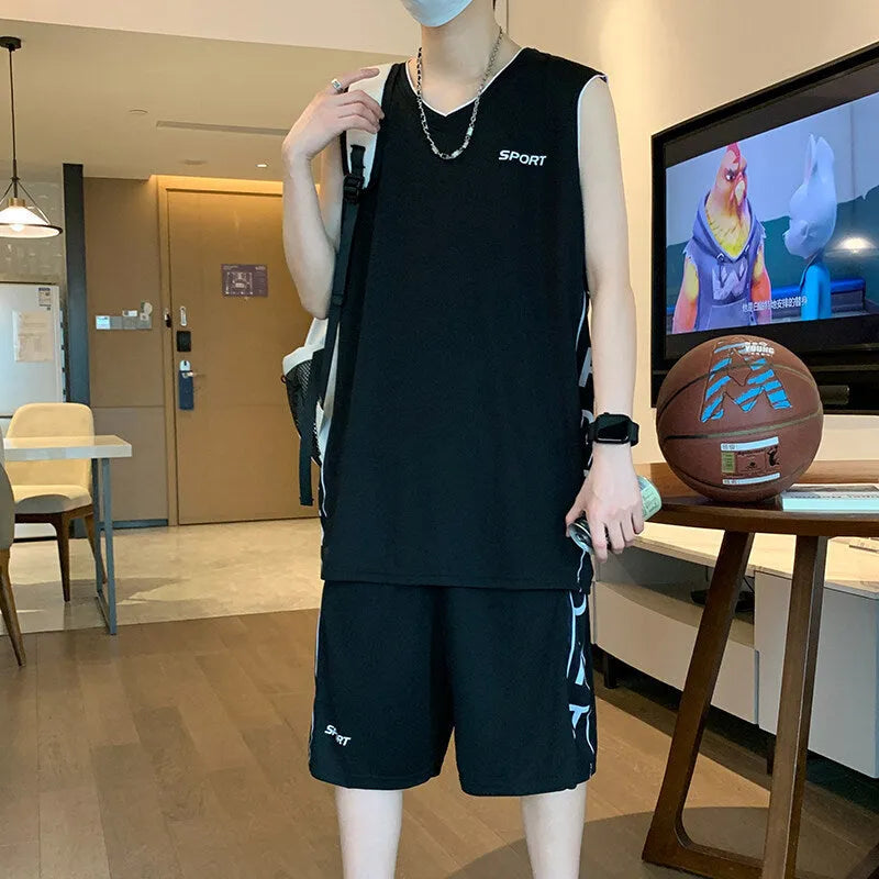 Basketball sports suit with sleeveless vest and matching shorts on a hanger