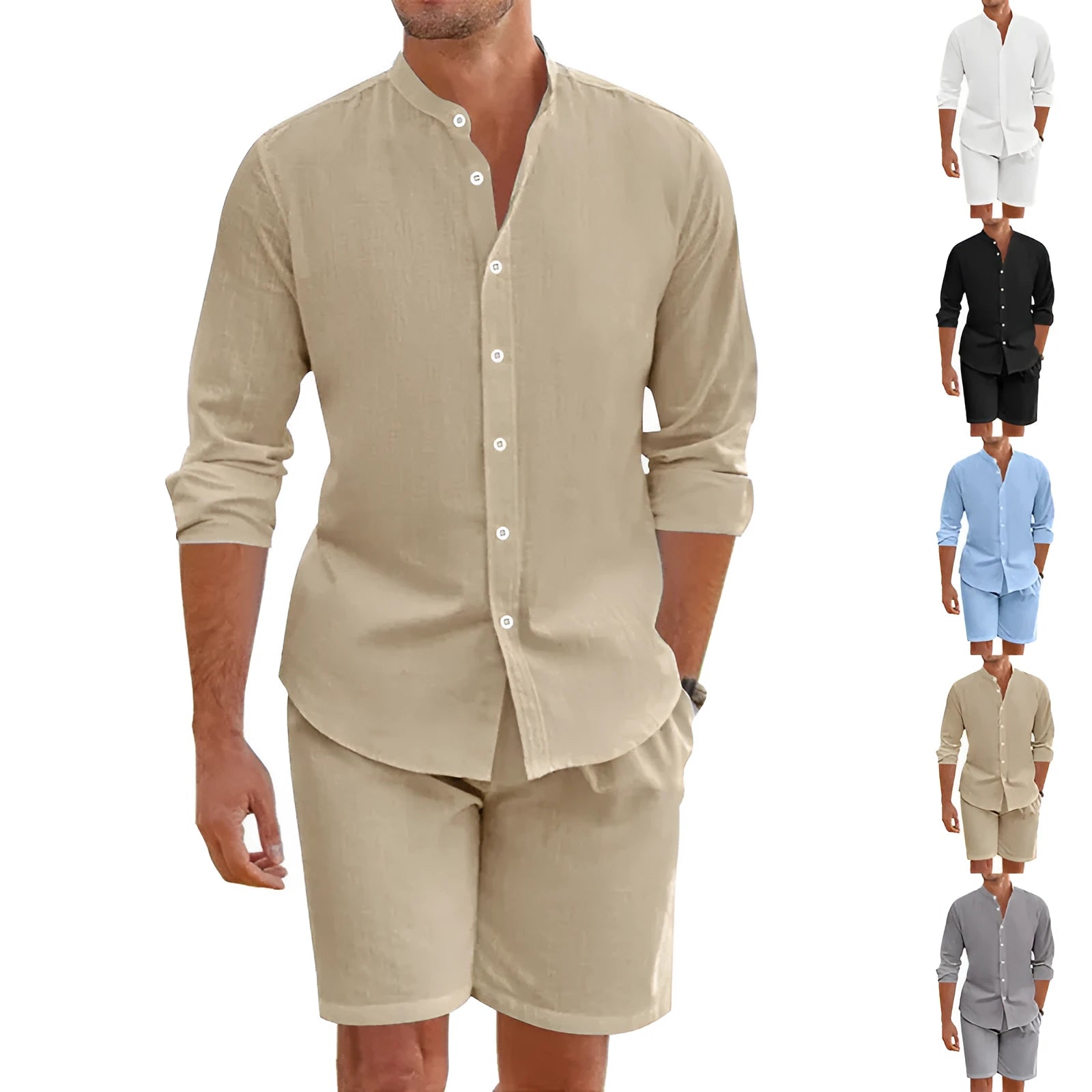 Men's hemp linen beach shirt suit set with button down top and drawstring shorts in five colour options