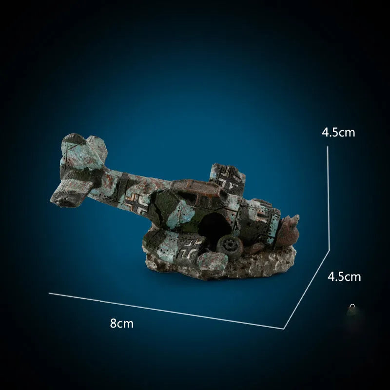 Resin aquarium ornament simulation of aircraft wreckage 8cm high for fish tank decoration