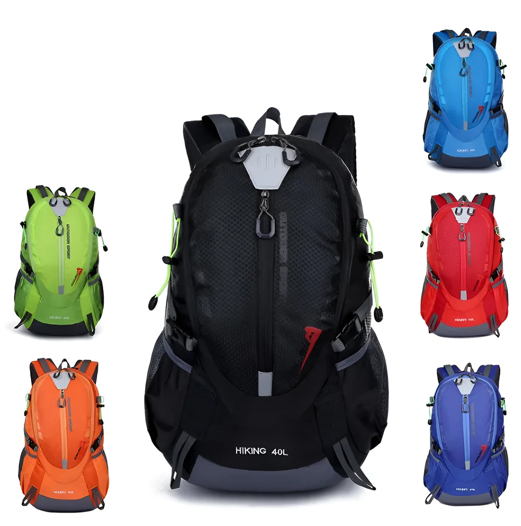 16 inch nylon mountaineering backpack with double straps, soft handle, open outer pocket, and six colour options