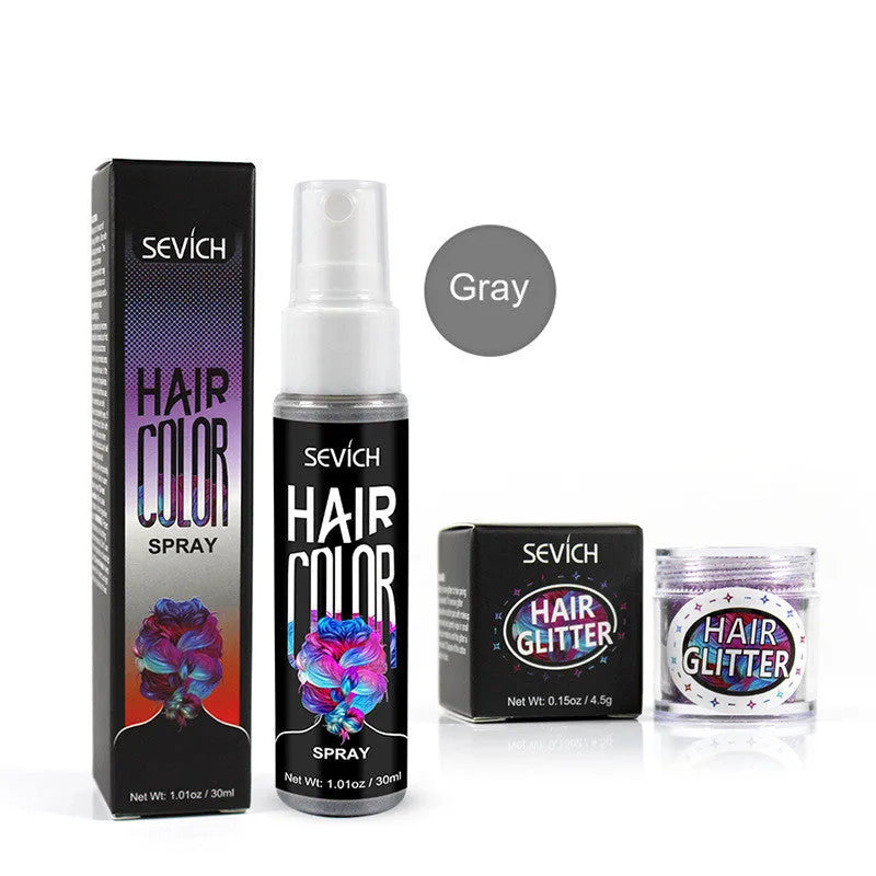 Disposable hair dye spray can in six colours: Blue, Grey, Pink, Purple, Red, and White