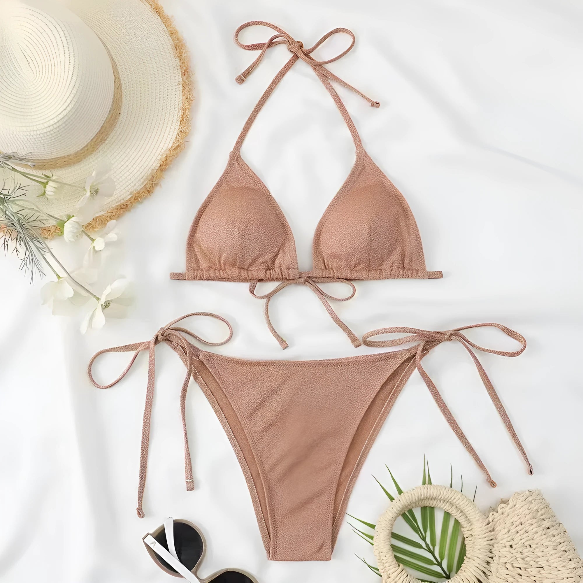 Women's split bandage style bikini swimsuit in polyester, shown in multiple colour options.