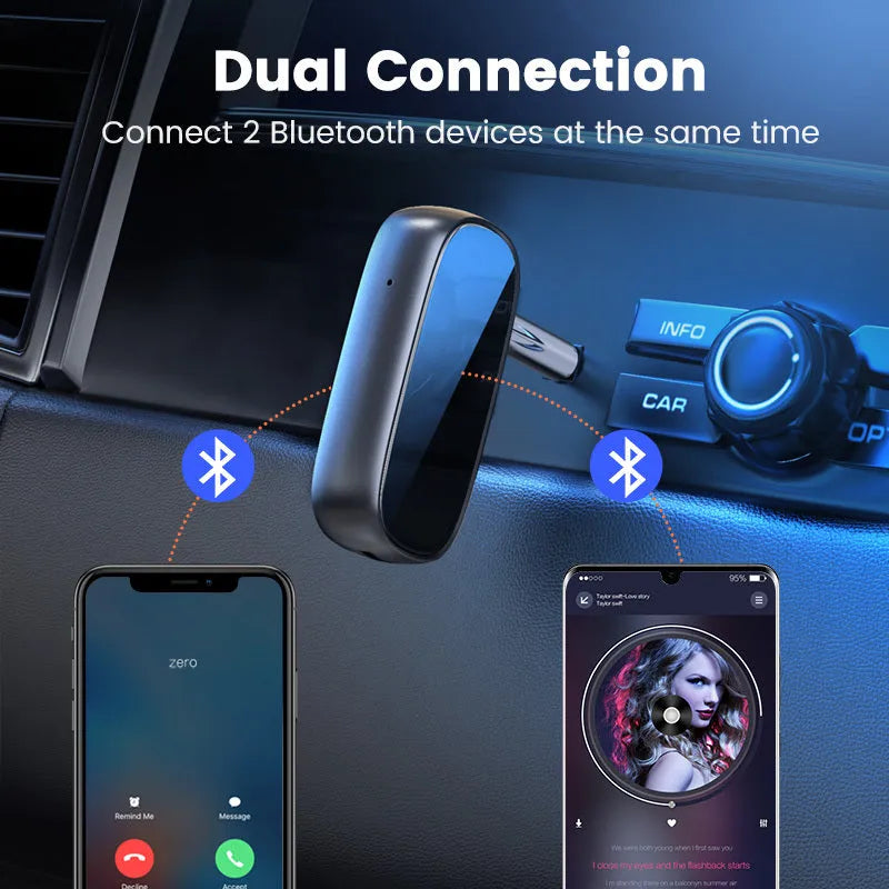 Car AUX Bluetooth receiver with 3.5mm audio output and USB cable for in-car wireless streaming