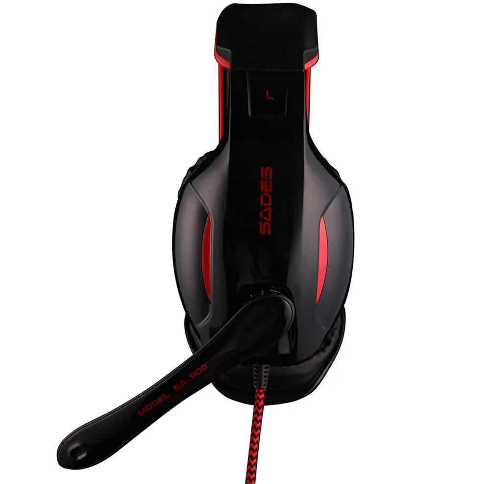 Black SADES SA902 gaming headset with LED lights, over-ear cups, and a microphone for PC.