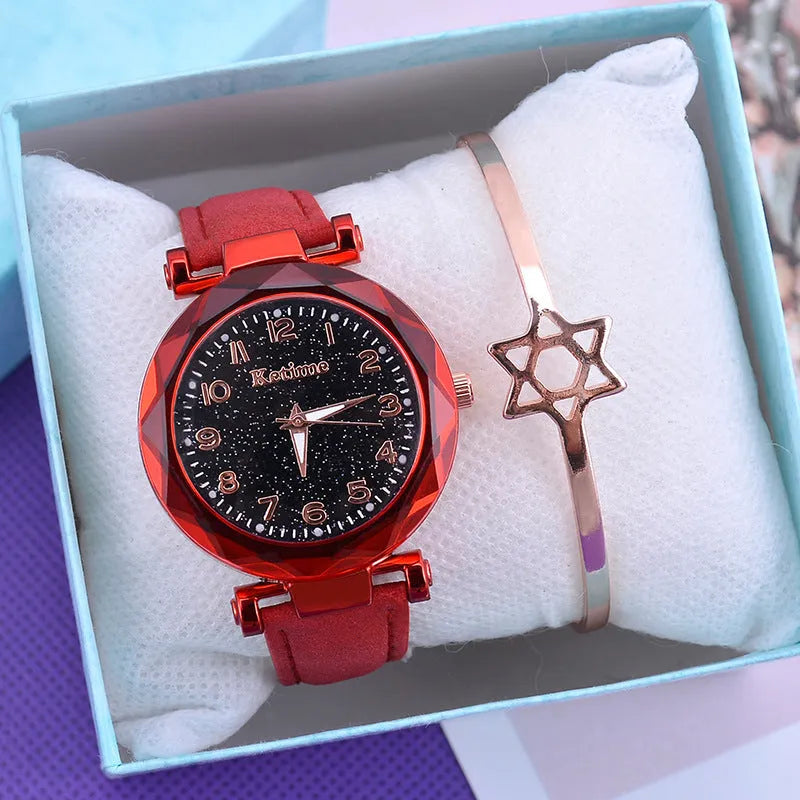 Ladies quartz watch with round plastic case, leather strap, 35mm dial, and pin buckle closure