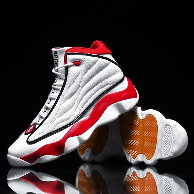 Men's high-top basketball shoes with mesh upper and thick rubber sole in AJ13 colour options