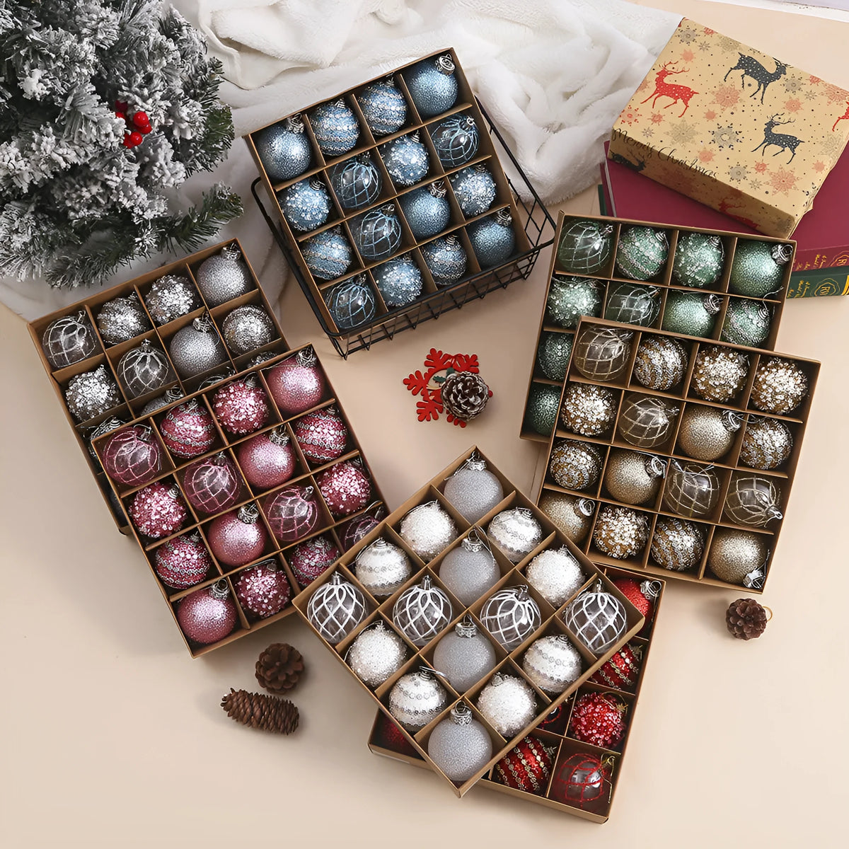 6cm handmade plastic Christmas bauble in red, pink, silver, green, champagne, white, or sky blue for tree decor