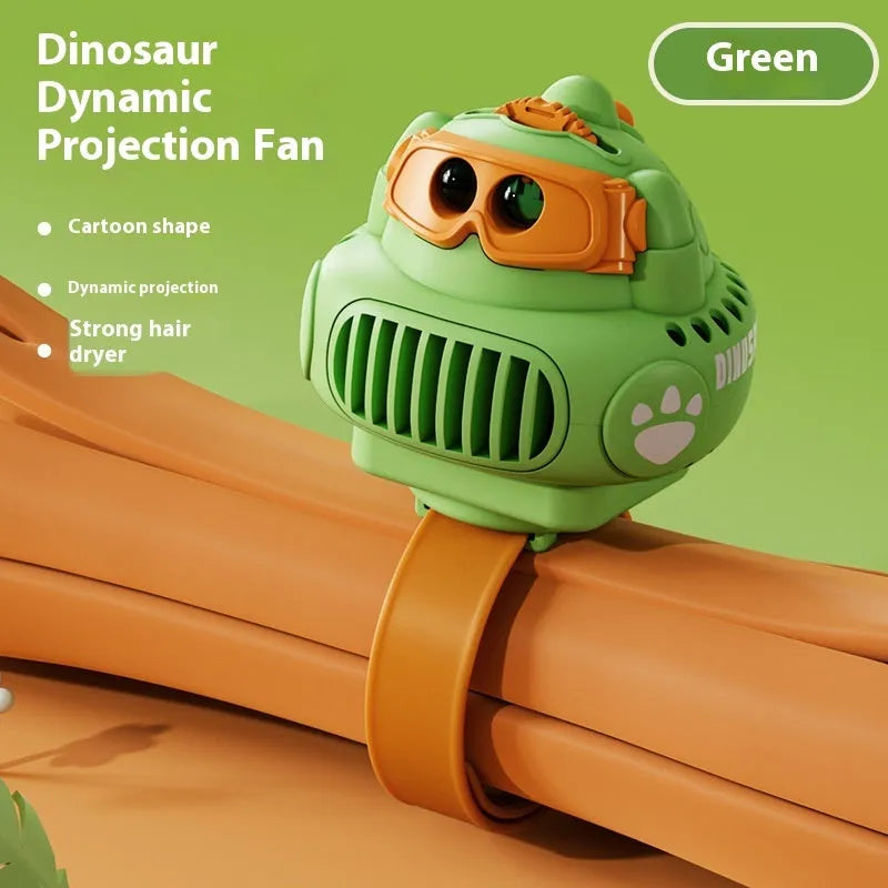 Rechargeable cartoon handheld mini fan in green, ABS plastic, with rotating and luminous functions, measuring 20x6.2x3.5cm