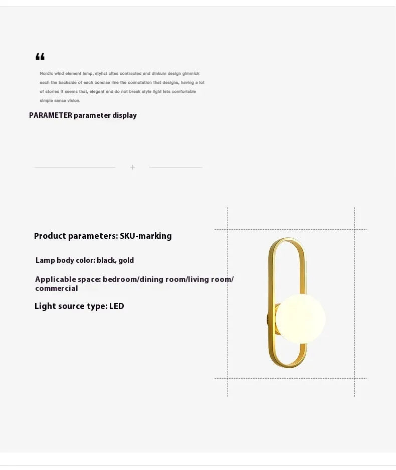 Minimalist wall lamp in black or gold with glass shade and iron body for bedroom corridor lighting