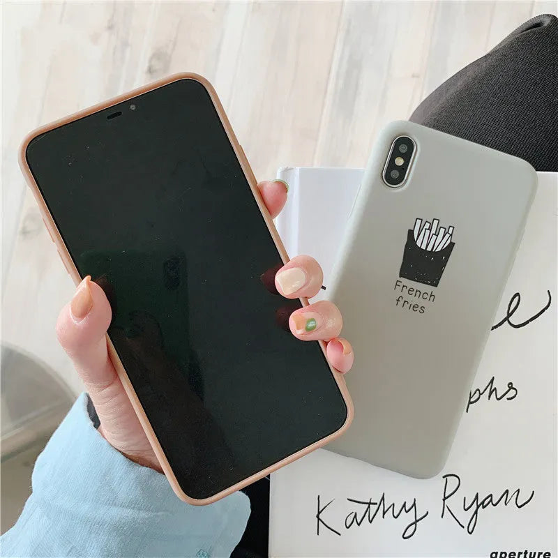 Silicone iPhone case with ice coffee and French fries couple-themed patterns on soft matte finish