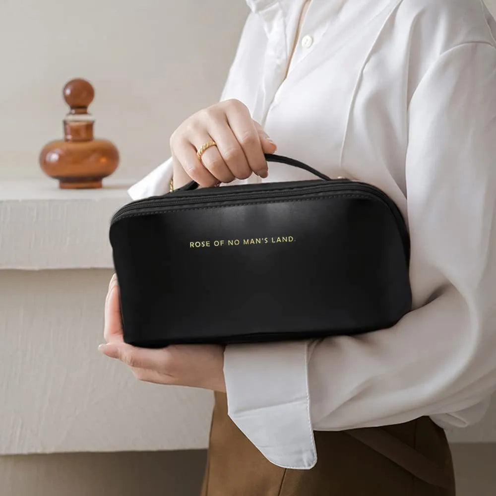 PU leather travel cosmetic bag with steel wire opening, 23.5x11x10.5cm, in rose pink.