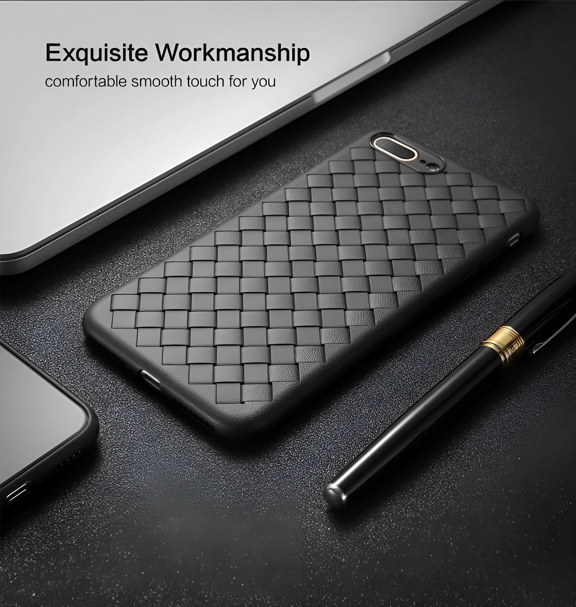 Luxury grid weaving pattern TPU phone case for iPhone with raised screen and camera protection.