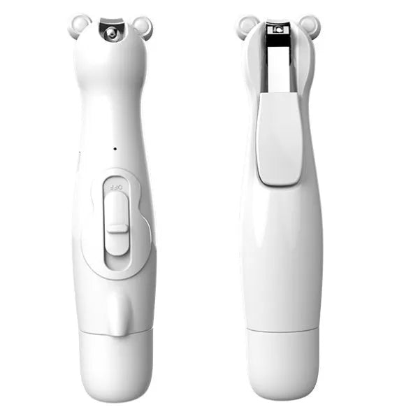 Electric baby nail clippers trimmer with green ABS shell, USB charging cable, and six grinding heads on a white background