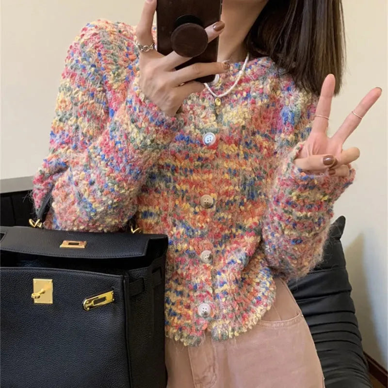 Retro style acrylic fibre knitted rainbow sweater cardigan in pink or green with regular sleeves