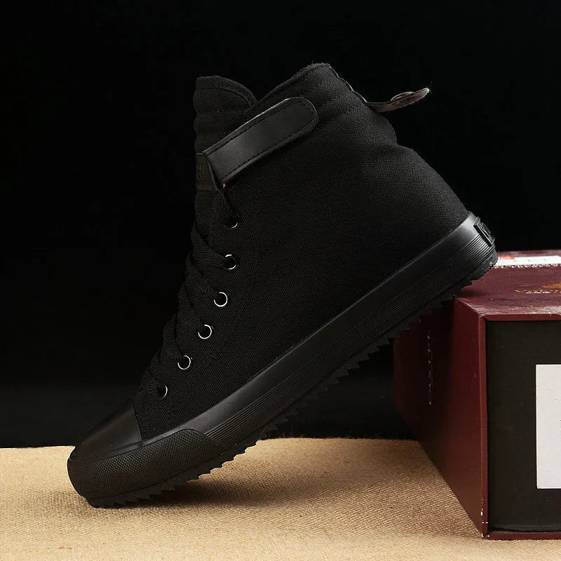 Velcro student canvas shoes high top round toe flat heel vulcanised rubber sole in black and white