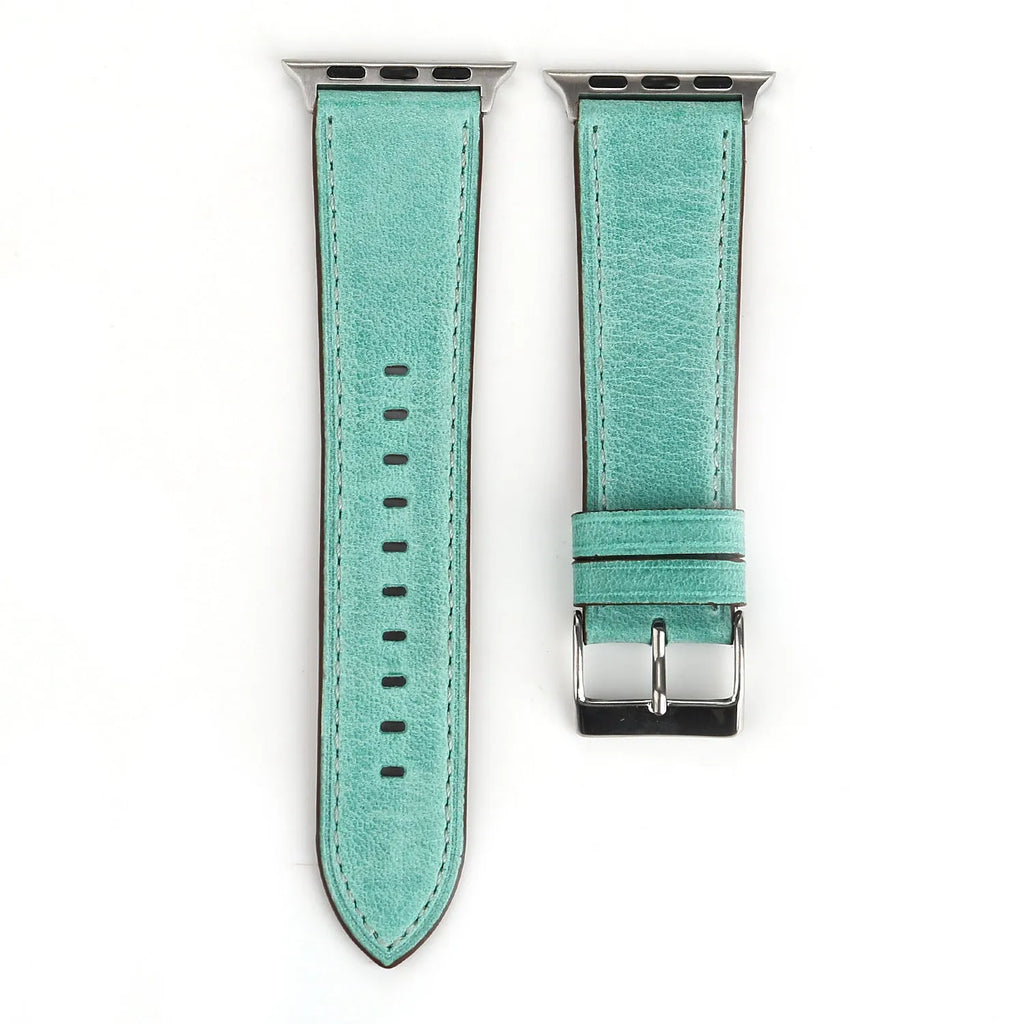 Leather watch strap with a folding buckle shown in multiple colour options.