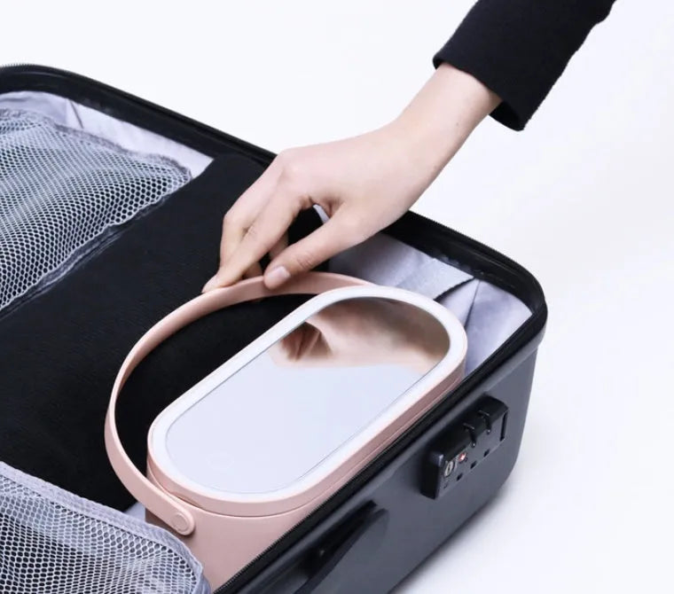 Portable LED mirror makeup organiser box with touch light, rotatable bracket, and soft handle in white