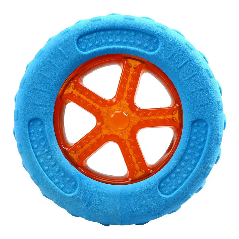 Set of three TPR dog toys: a squeaky tyre, barbell and ball for floating fetch play.