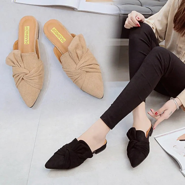 Suede pointed slippers with bow, low square heel 1-3CM, black and beige, sizes 35-39