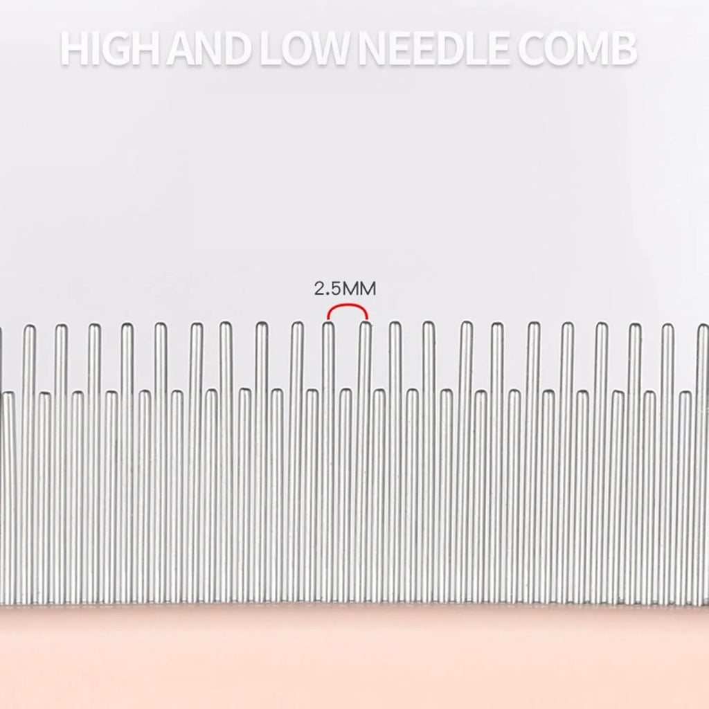 Blue pet detangler comb with rubber handle and multiple needle teeth types for dog and cat grooming.
