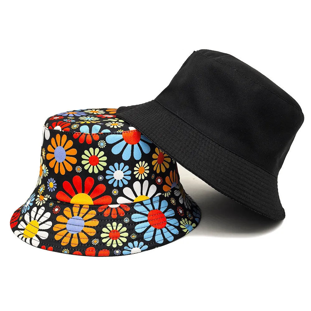 Colourful flower print polyester bucket hat with dome crown for sun protection