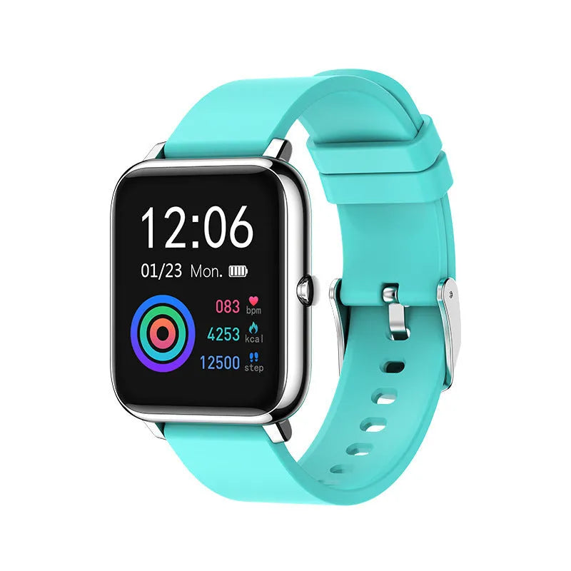 P22 smart watch with IPS colour screen, black strap, showing time display on wrist