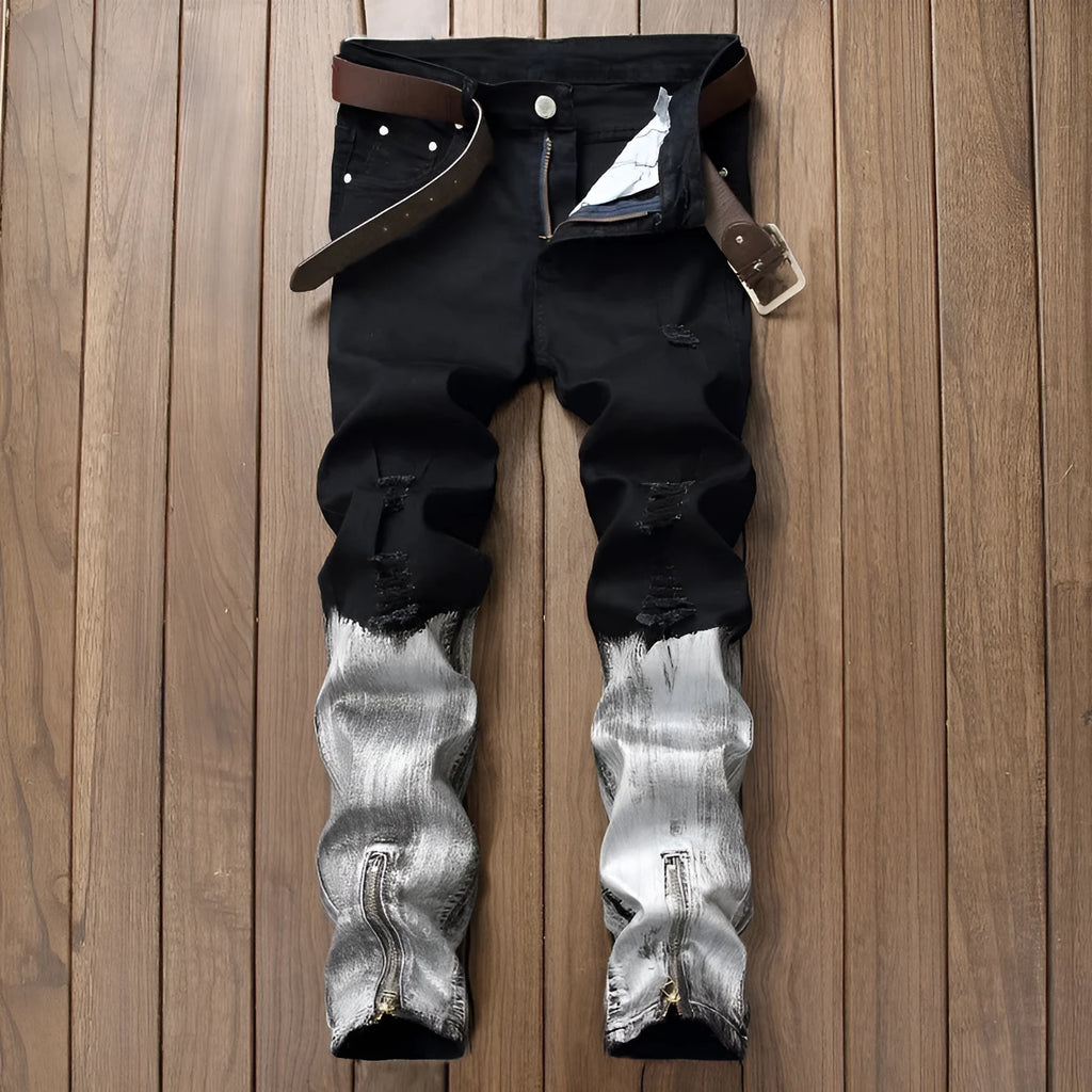 Pair of men's black basic straight jeans with worn finish, 98% cotton, side view