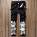 Pair of men's black basic straight jeans with worn finish, 98% cotton, side view