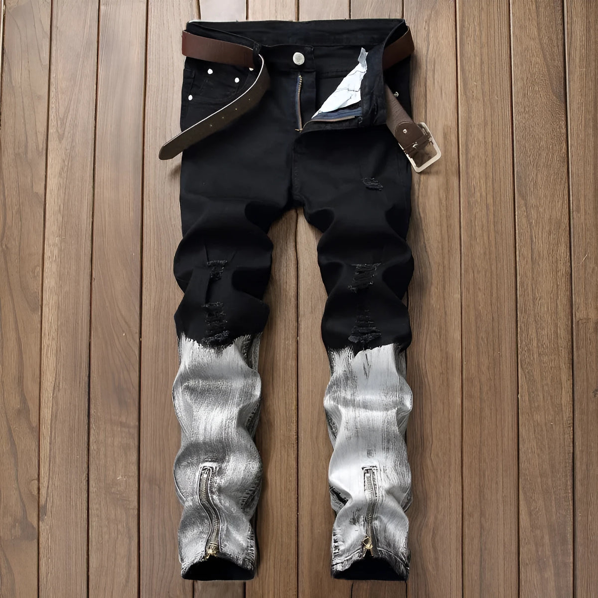 Pair of men's black basic straight jeans with worn finish, 98% cotton, side view