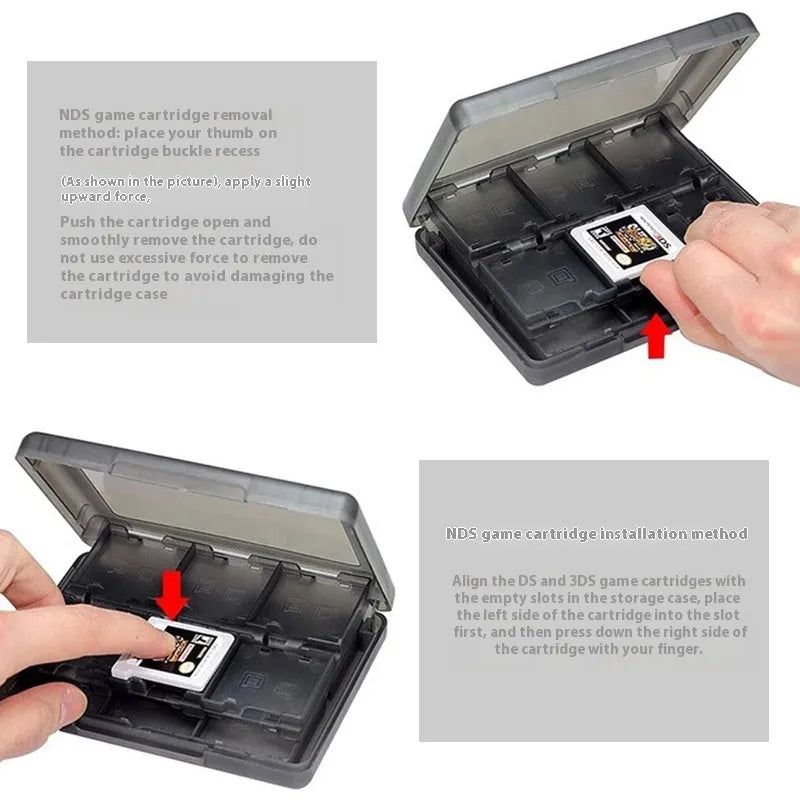 NDS 3DS 28-in-1 game card storage box in PP plastic, shown in black, blue, pink, or white.