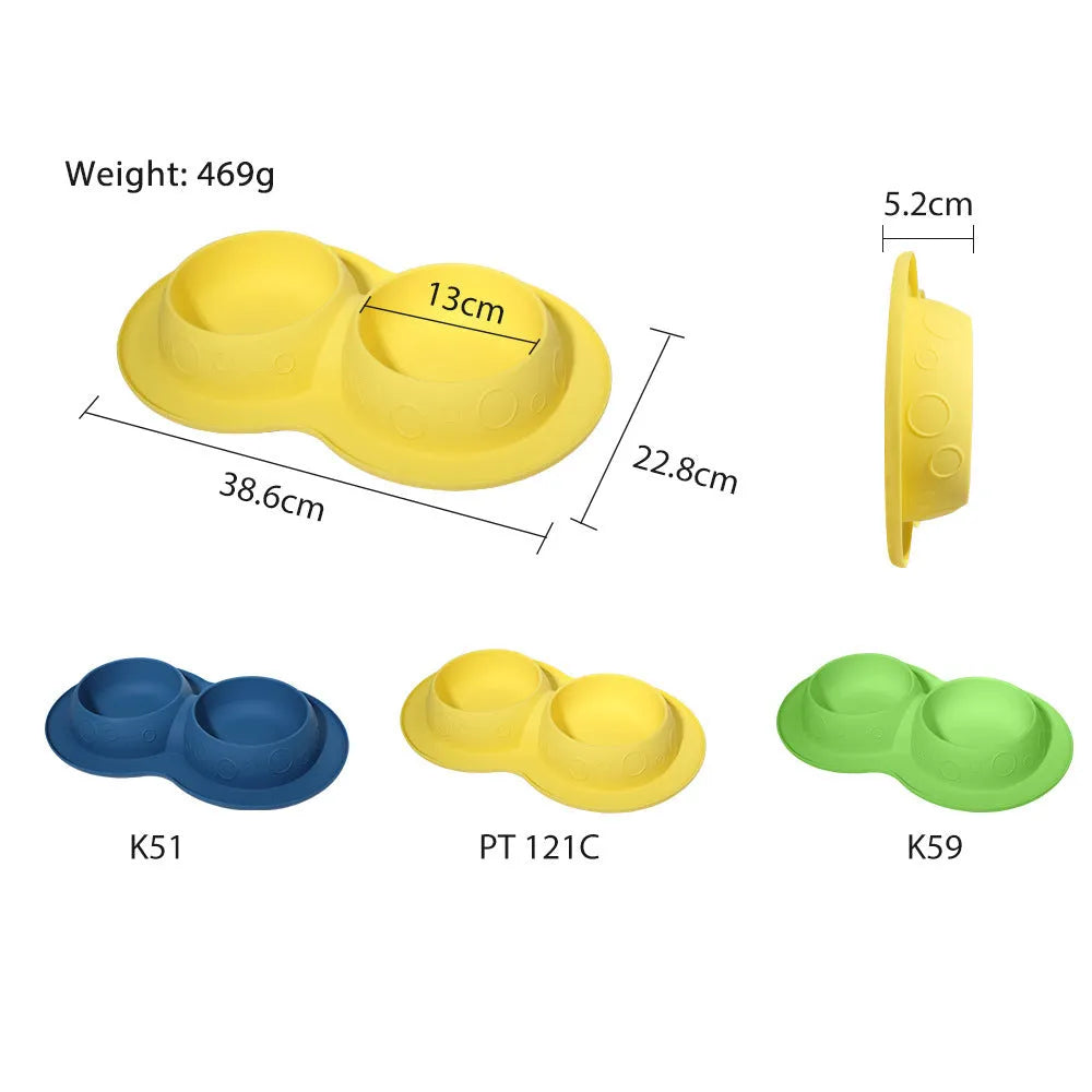 Blue silicone non-slip waterproof pet feeding mat with raised edge and bowl area, 45x30cm