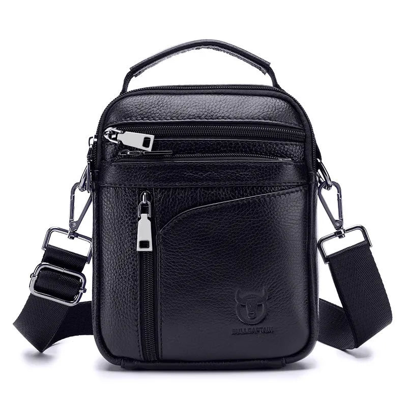 Black genuine leather mens shoulder messenger bag with retro styling
