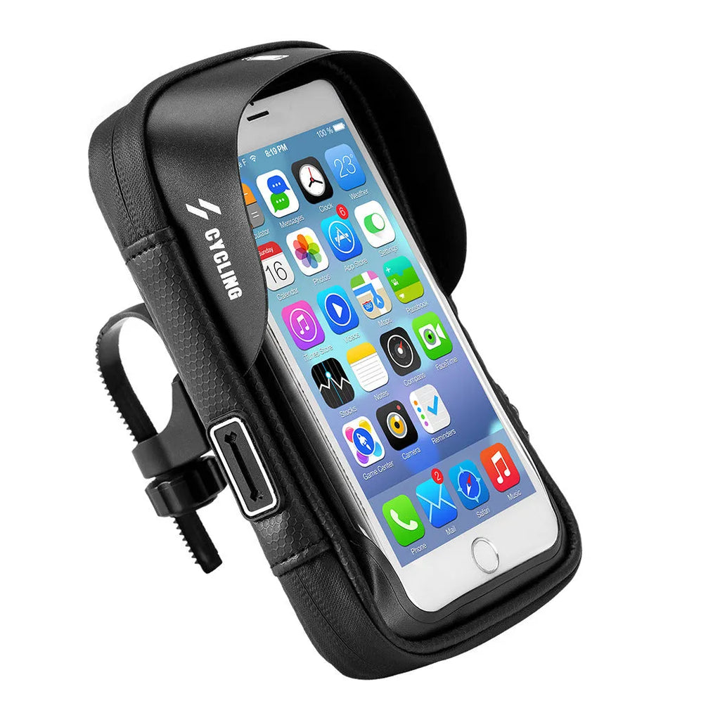 Black bicycle handlebar bag with transparent touch screen phone mount and rotating base mounted on a bike