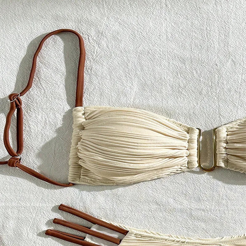 Women's khaki striped polyester three-point bikini set on a beach background sizes XS to L