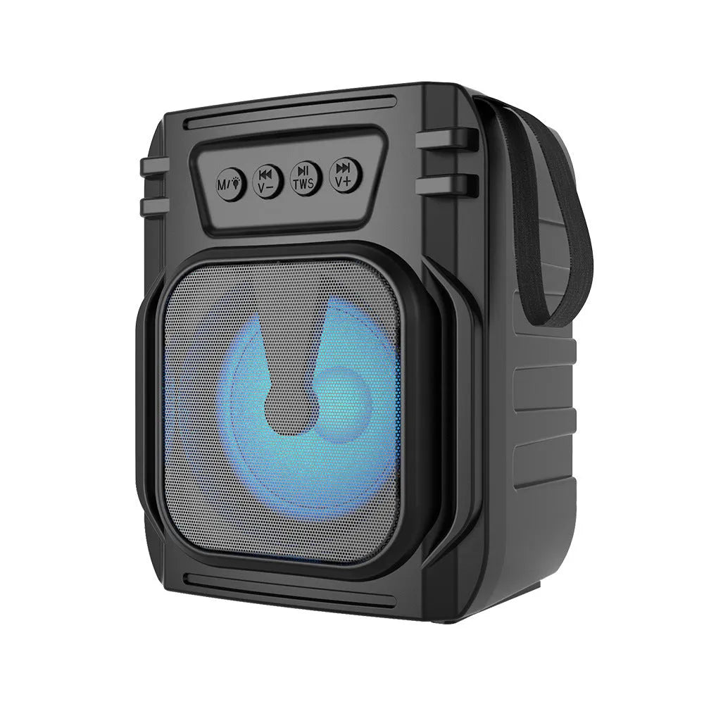 Blue portable Bluetooth speaker with FM radio function showing compact dimensions