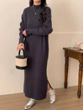 Acrylic half turtleneck knit dress in knee-length high-waist silhouette for work
