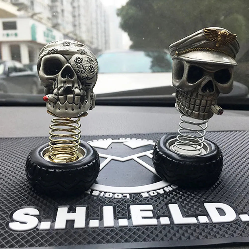 Resin car skull bobblehead ornament with military cap or sunflower headband, swinging car interior decoration
