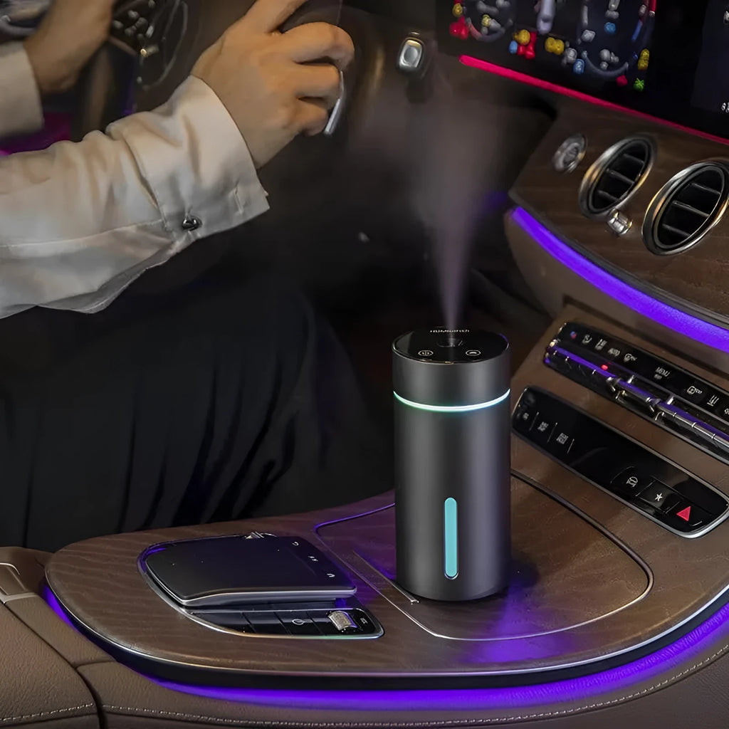 Black aluminium car humidifier with USB cable, 260ml capacity, and colourful night light